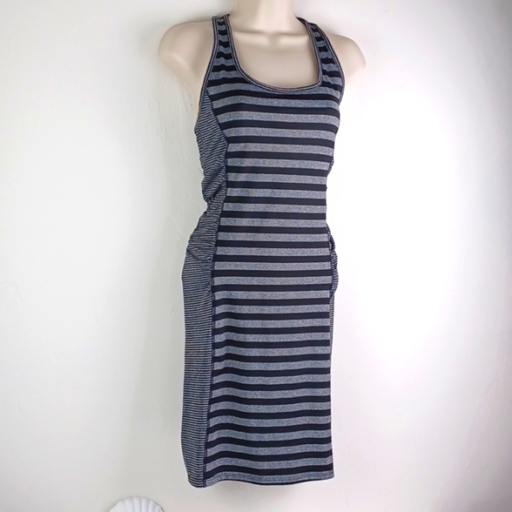 LELA Sports Black & Gray Striped Ruched Athletic Tank Dress SZ S